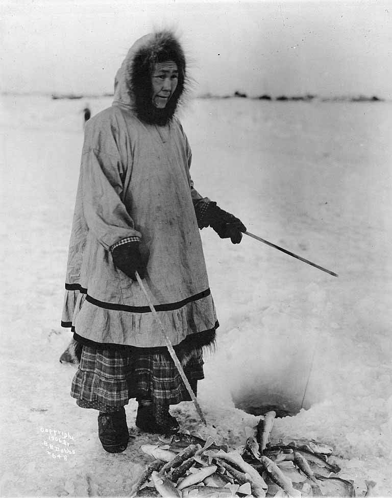 File:Eskimo woman ice fishing with poles and a pile of fish, Alaska, 1906  (AL+CA 2373).jpg - Wikimedia Commons