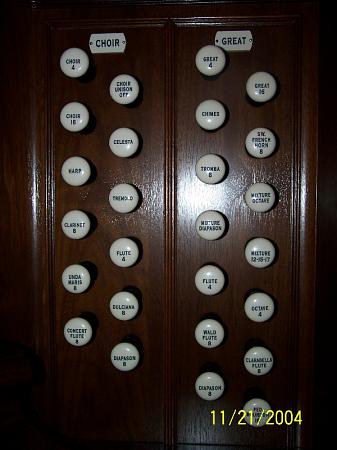 On these organ stops, some of the knobs have numbers indicating the length in feet of the longest (the lowest note) organ pipe of the stop