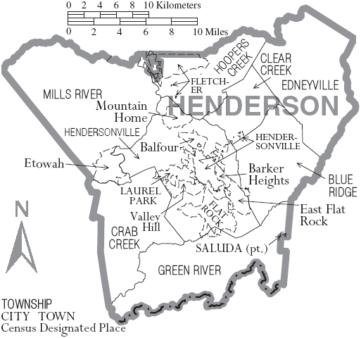 Map of Henderson County, North Carolina With Municipal and Township Labels