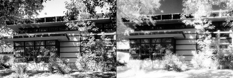 Frank Lloyd Wright's Rudin House: panchromatic film on the left, infrared on the right