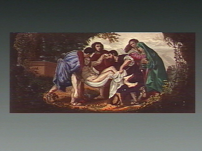 File:Christ is laid into a tomb by three men. Coloured etching. Wellcome V0034808.jpg