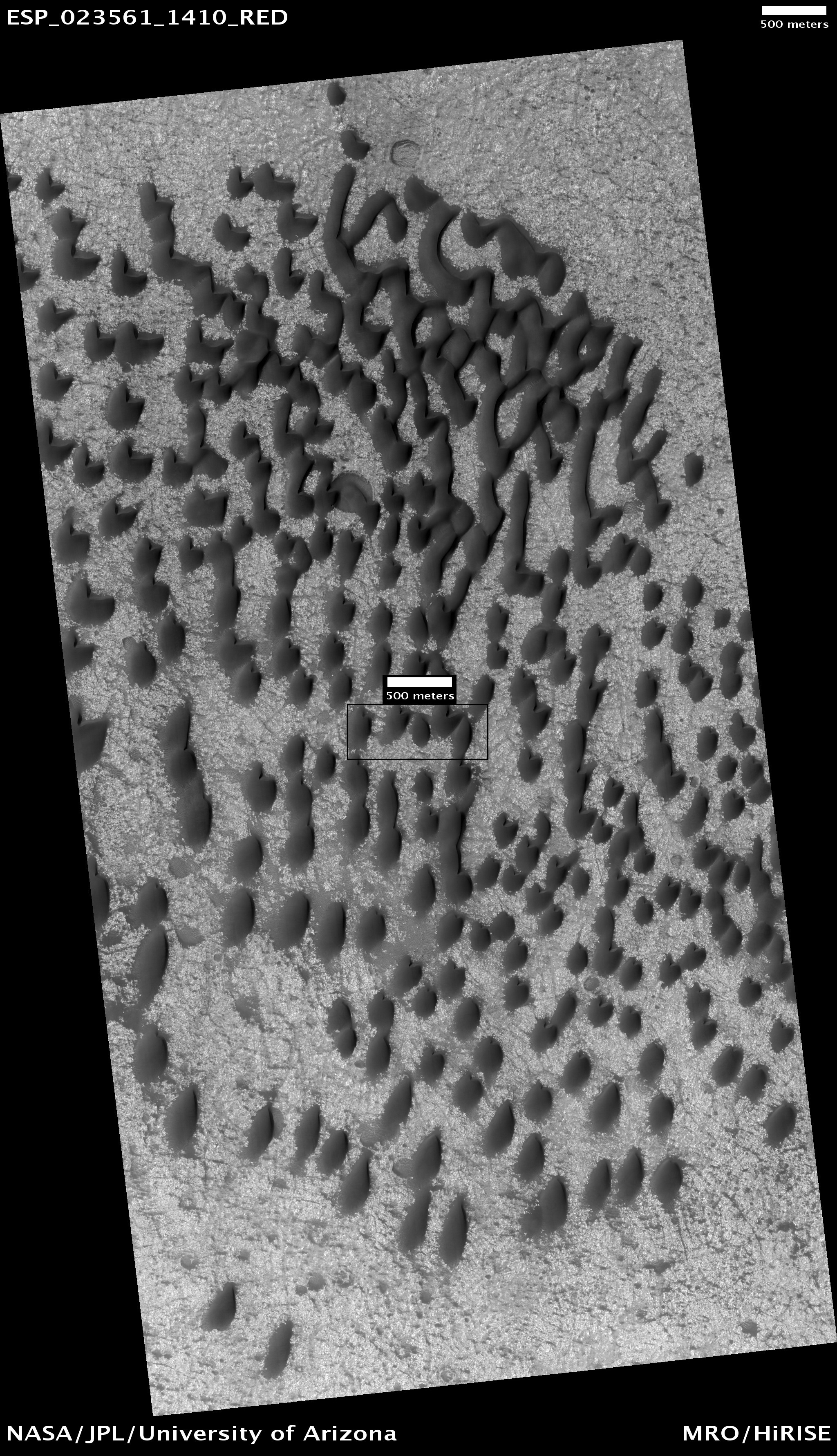 Dark dunes Dark dunes are composed of the igneous rock basalt. The dark box in the center of the photo shows the area enlarged in the next image. The scale is 500 meters long.