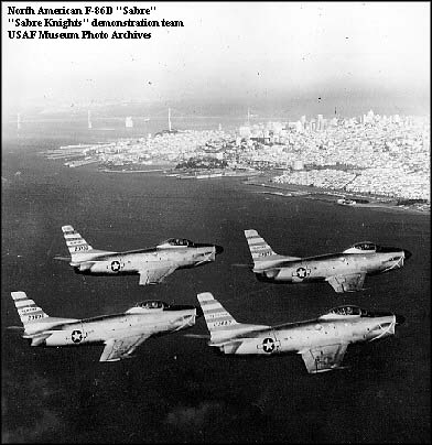 The F-86D "Sabre Knights" aerial demonstration team from Hamilton AFB, CA about 1954