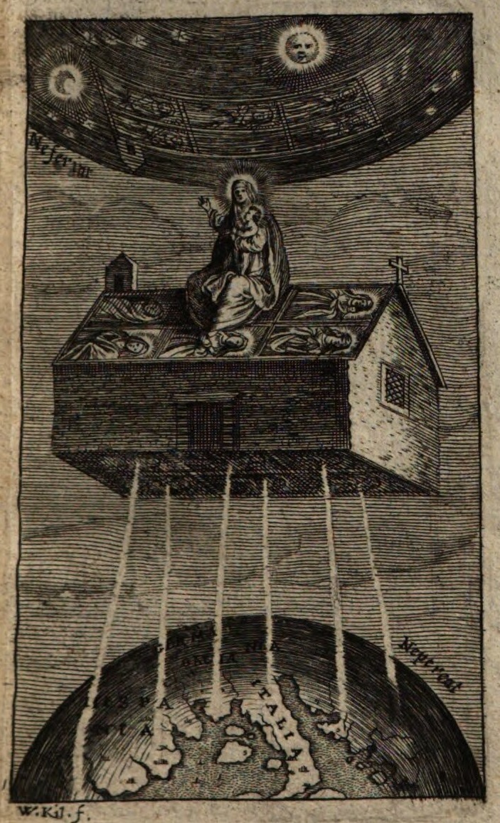 Die Illustration im ''Atlas Marianus'' veranschaulicht das Verhältnis zwischen der himmlischen Gottesmutter und den wundertätigen Bildern, durch die sie Heilsströme aussendet.