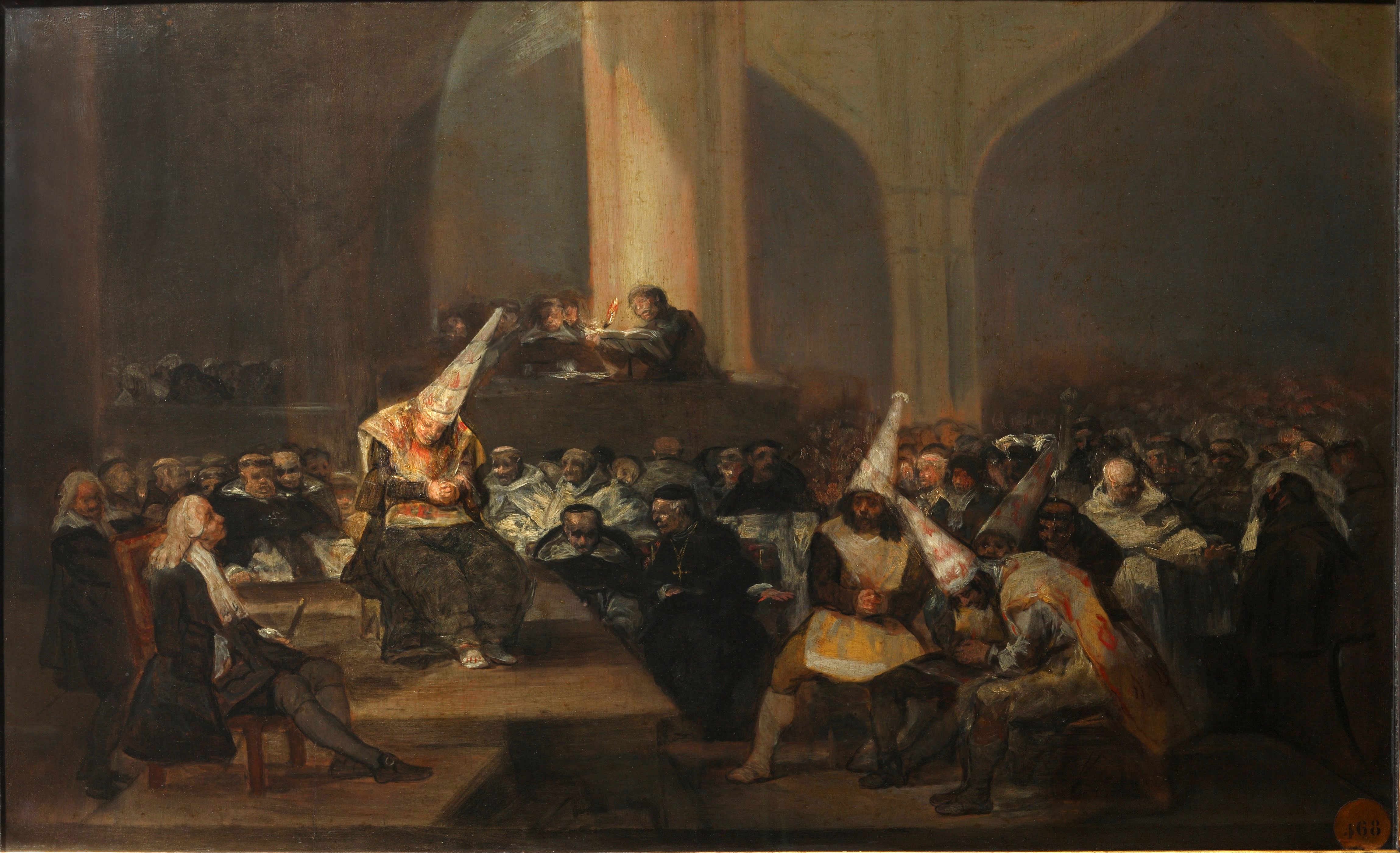 Goya, The Inquisition Tribunal, c. 1808–12. Goya detested the inquisition and depicted it in harsh terms a number of times, and satirised it in works such as his c. 1820–1823 Witches' Sabbath