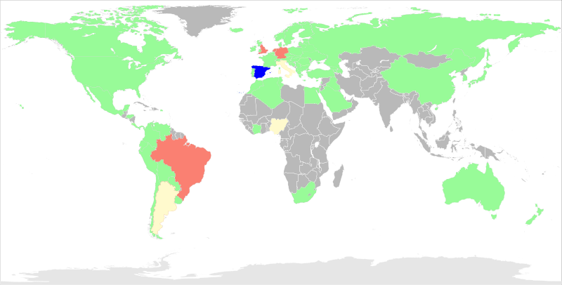 Mapa con el balance de enfrentamientos de España de 1920 a 2020.