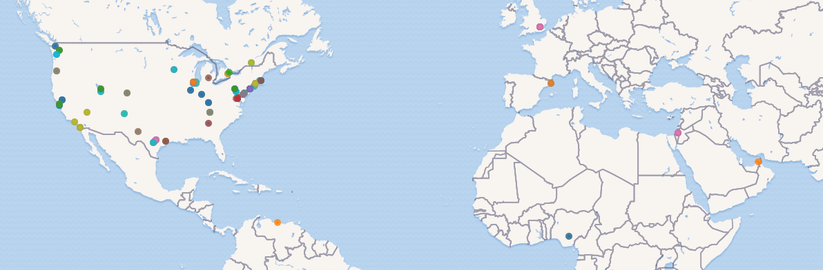 A map of PCC Wikidata Pilot participant organizations with coordinate locations recorded in Wikidata. Many dots are in the North American region. A number of dots indicate participants in other continents.