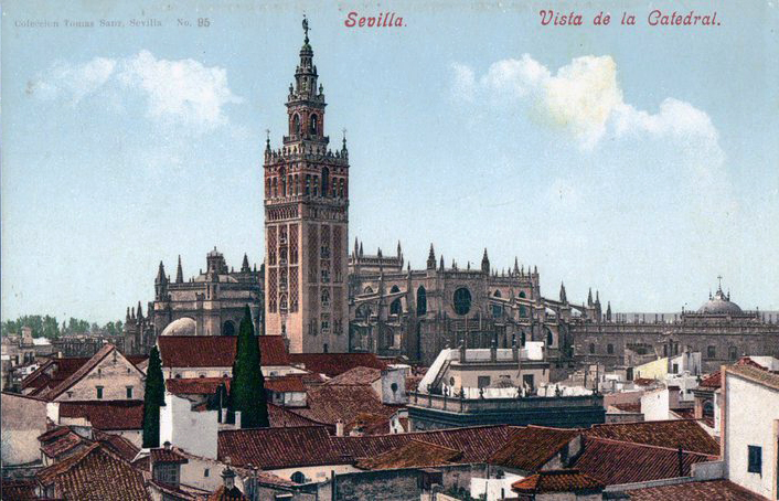 La Giralda domine l'horizon de la Séville sur cette ancienne carte postale.