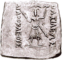 Balarama Samkarshana on a coin of Agathocles of Bactria circa 180 BCE.jpg