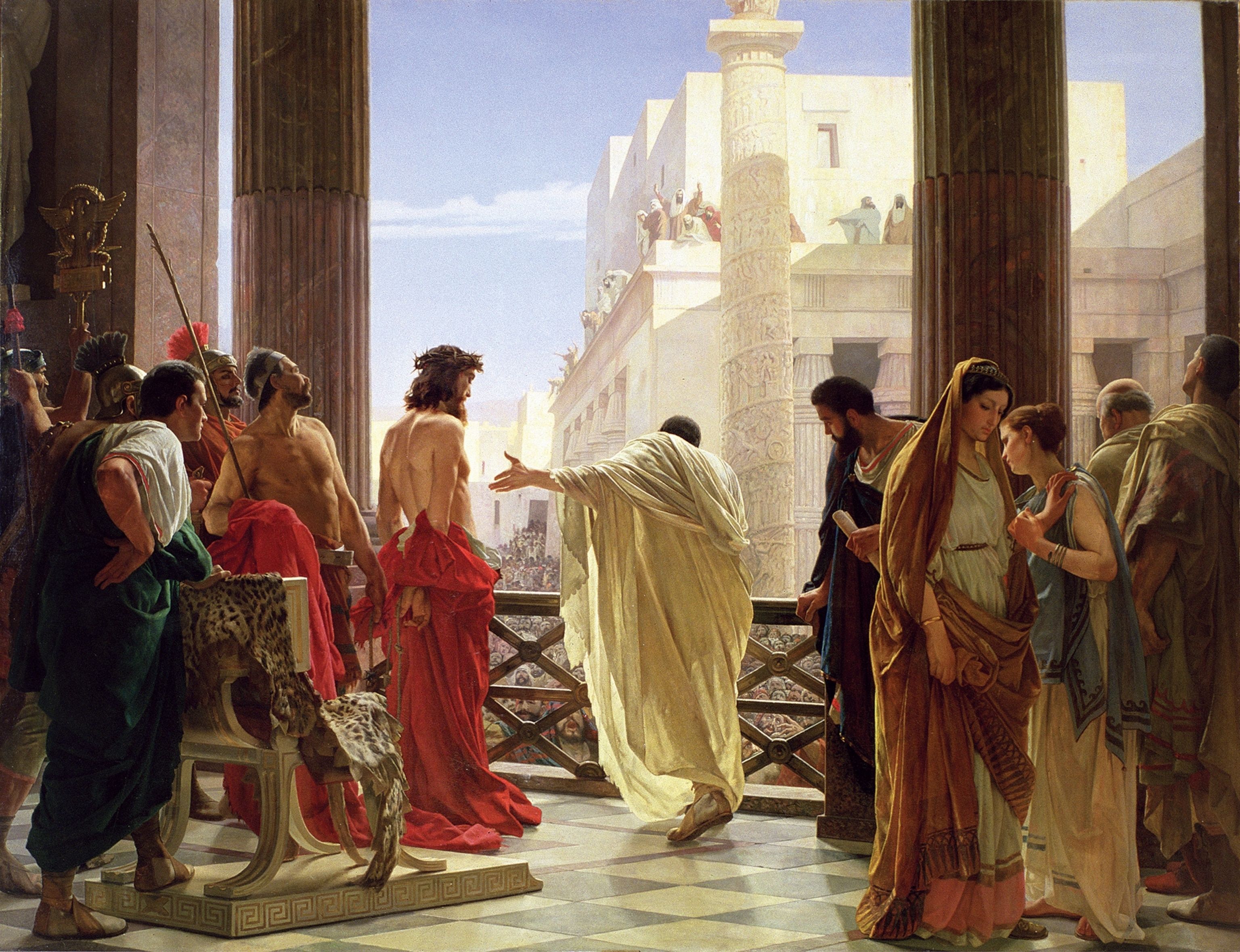 Ecce Homo, after Pilate pronounced a not guilty verdict, presenting Jesus to the people, a painting by Antonio Ciseri available from wikipedia