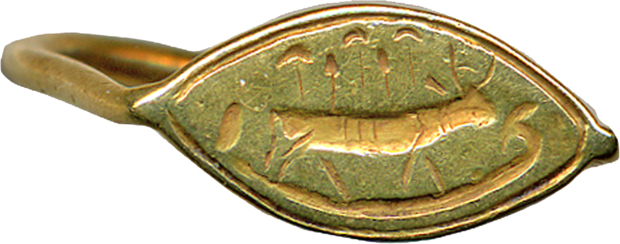 Ring with incised design of a Hathor-cow standing on a boat in a papyrus swamp on the bezel