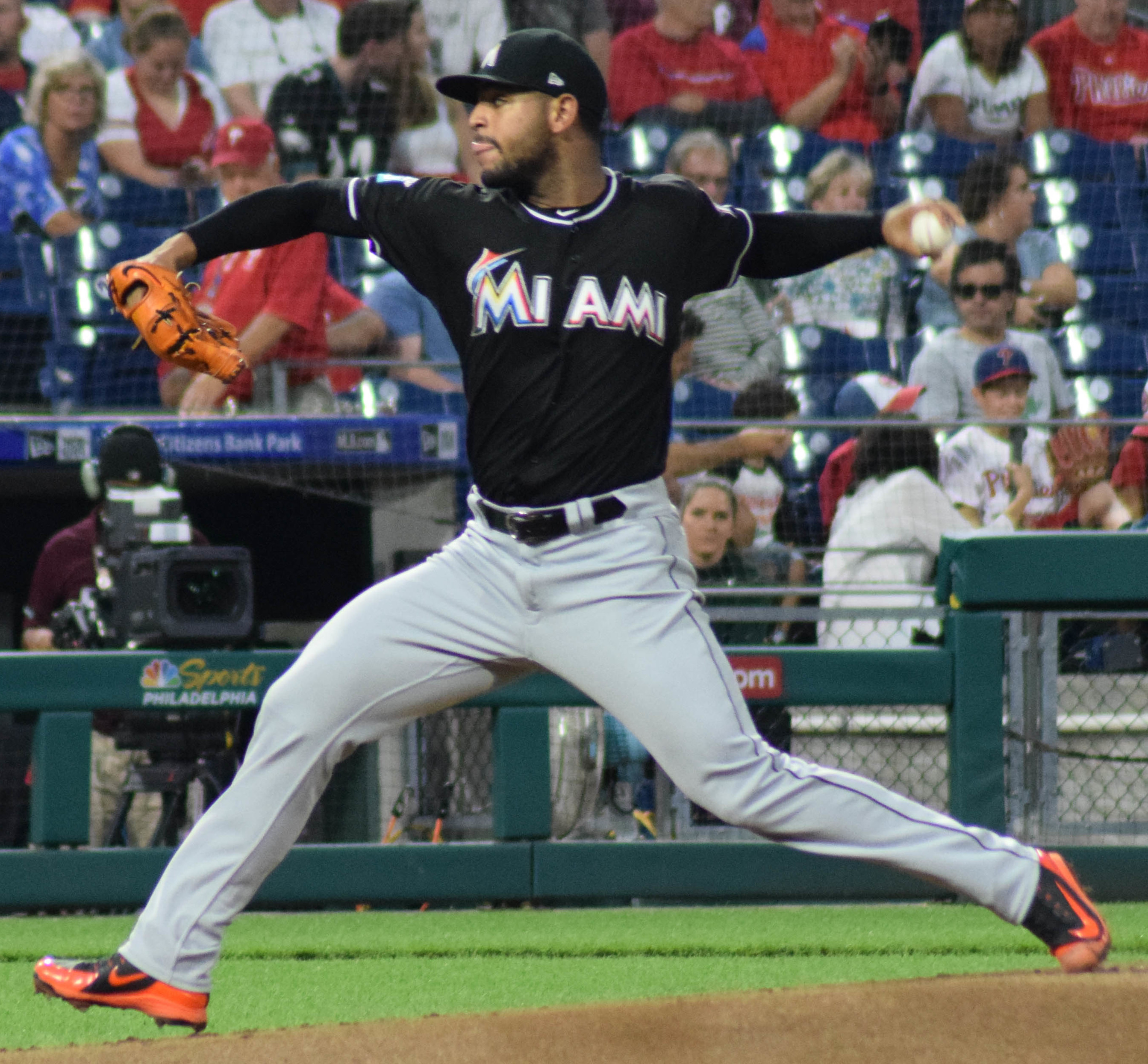 PHILADELPHIA, PA - AUGUST 04: Miami Marlins Pitcher Jarlin Garcia (66)  delivers a pitch during the seventh inning of a MLB game between the Miami  Marlins and the Philadelphia Phillies on August