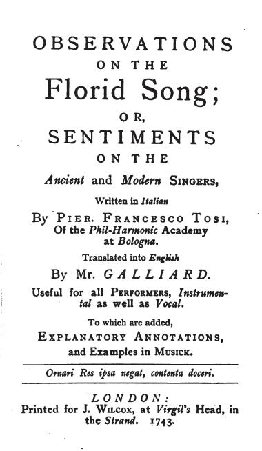 Title plate from the English Translation of Tosi's singing treatise, ''Observations on the Florid Song'', first published in England in 1743.