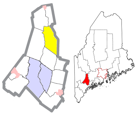 Location of Leeds (in yellow) in Androscoggin County and the state of Maine