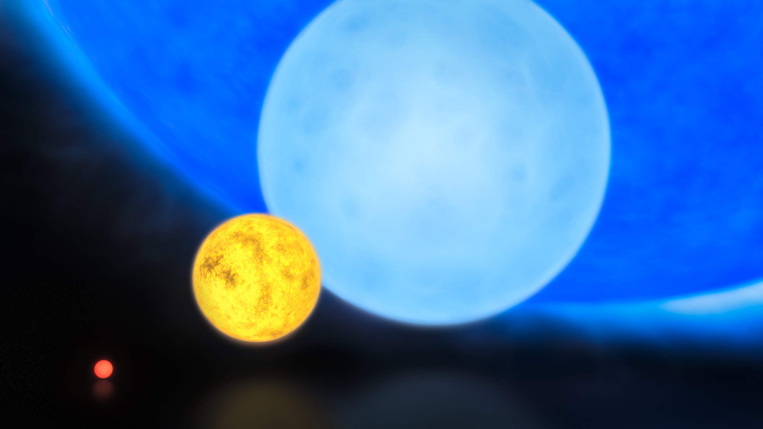 Comparison of the sizes of a red dwarf%2C the Sun%2C a B type main sequence star%2C and R136a1