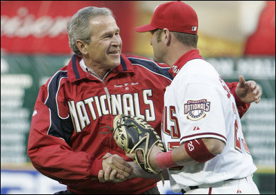 File:George W. Bush after throwing out 1st pitch at Nationals home opener 2005-04-14 1.jpg