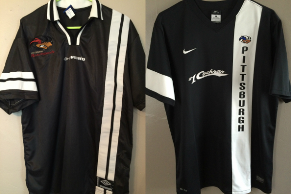 Very early Riverhounds kit by Umbro (left) and 2013/2014 secondary kit by Nike (right)