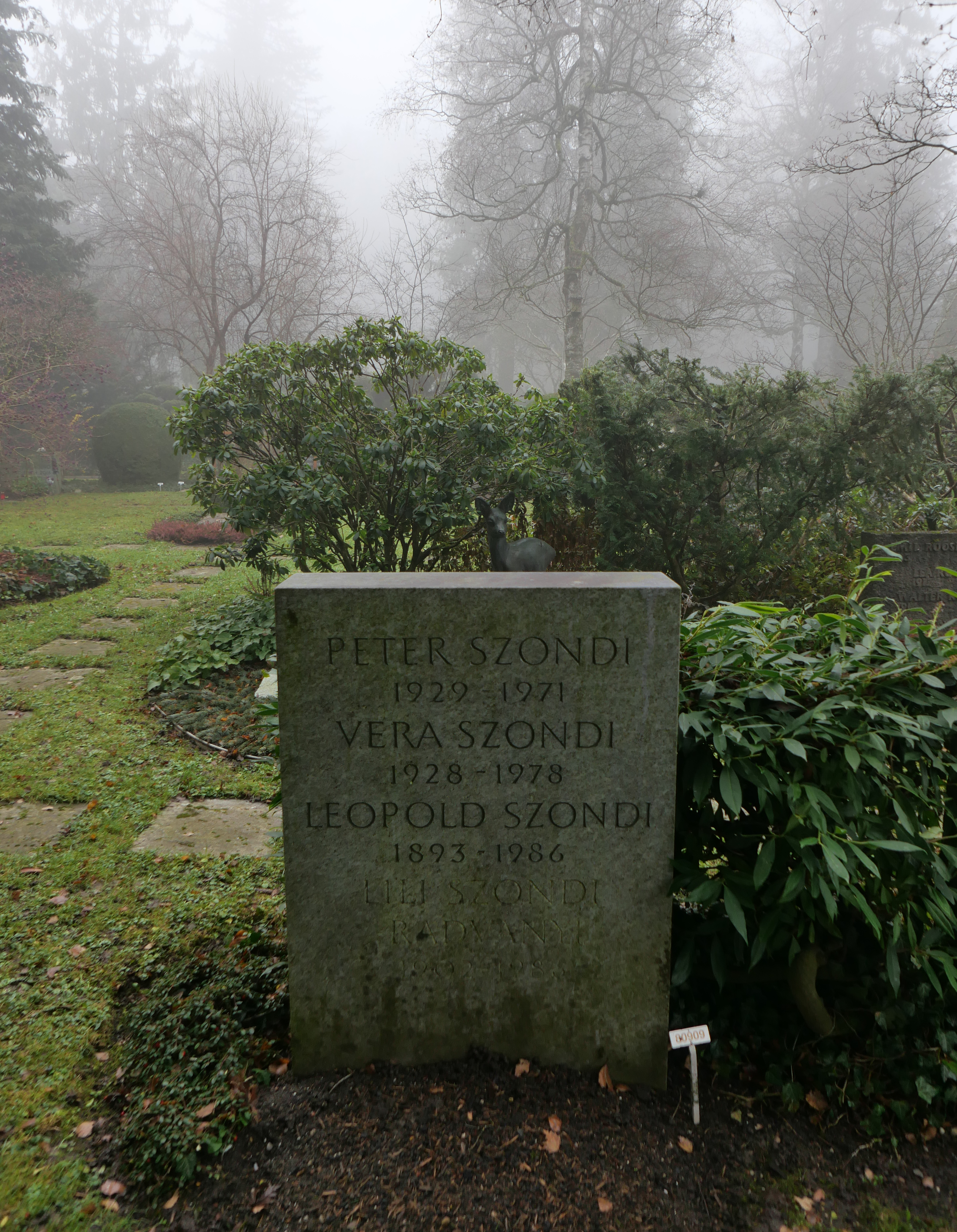 Szondis Grab, in dem auch sein Vater Leopold und seine Mutter Ilona „Lili“ Livia, geb. Radványi (1902–1986), sowie seine Schwester Vera (1928–1978), die eine Ärztin war, ihre letzte Ruhestätte gefunden haben.
