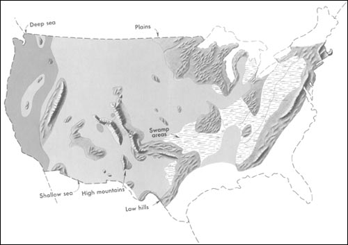 Generalized geographic map of the United States in Middle Pennsylvanian time