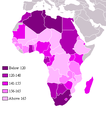 Nilai indeks yang tinggi, ditunjukkan oleh warna yang lebih terang, menunjukkan kemiskinan relatif negara-negara Afrika yang diperingkat oleh daftar negara-negara UNDP tahun 2004 berdasarkan kualitas hidup.