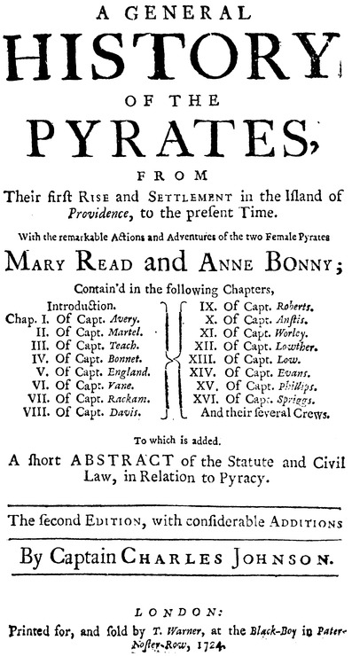 Cover page of "A General History of the Pyrates" (1724) by Captain Charles Johnson.jpg