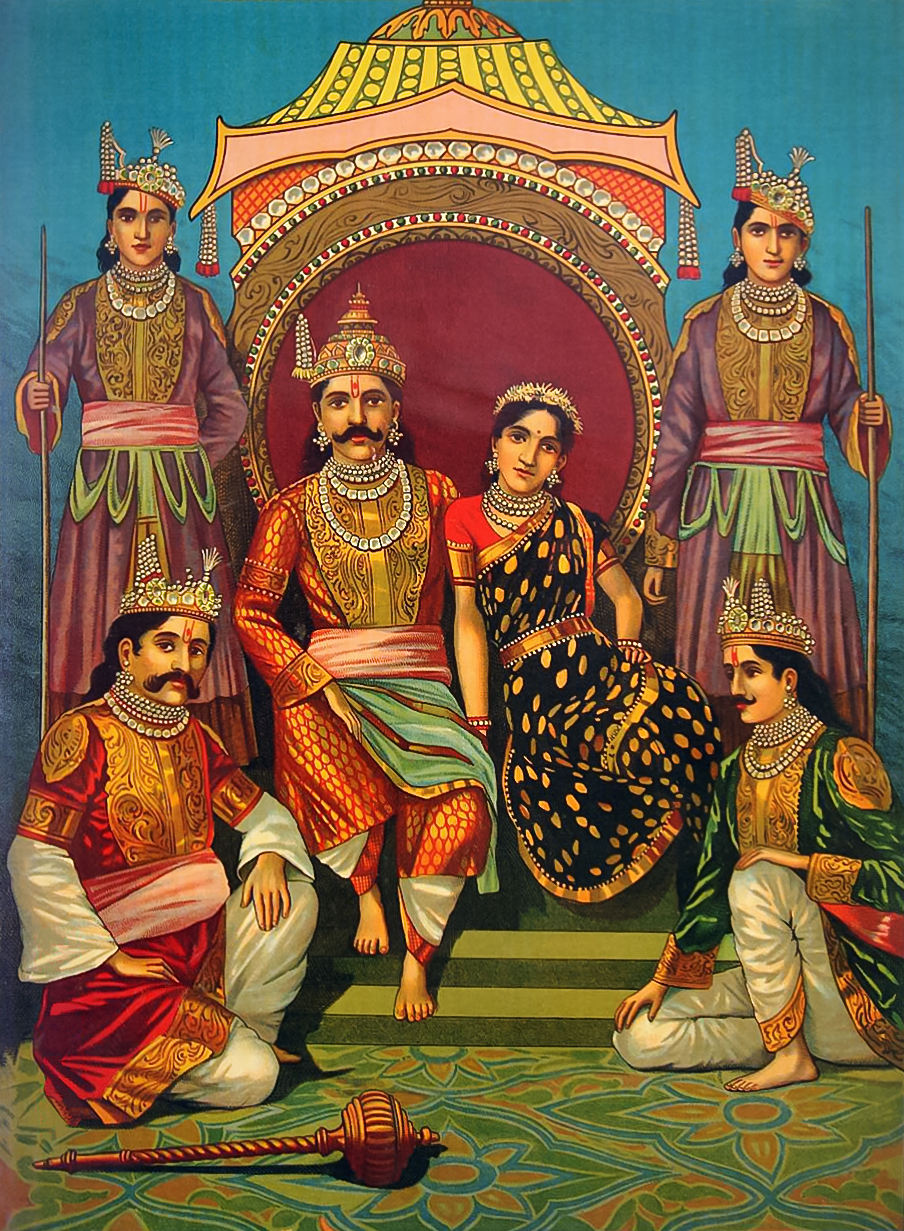 A print by Raja Ravi Varma depicting the Pandavas with Draupadi - Mahabharata