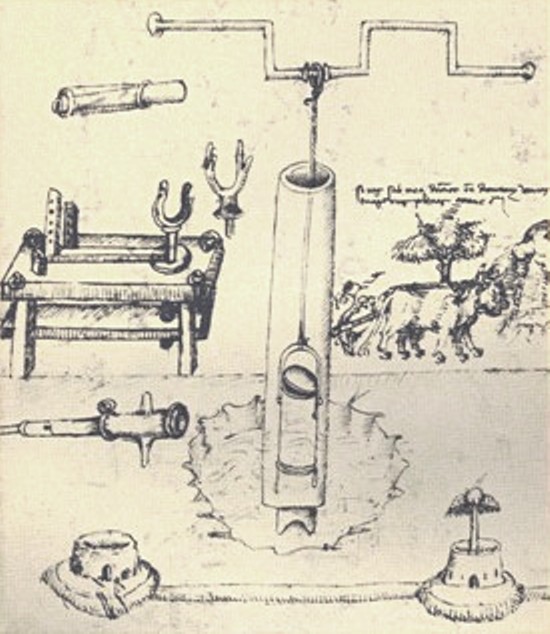 First European depiction of a [[piston