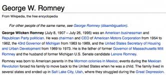 Screenshot of lede to Wikipedia article "George W. Romney," May 2011