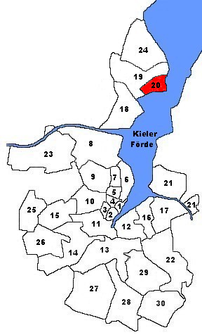 Karte von Kiel. Markiert ist der Stadtteil Friedrichsort