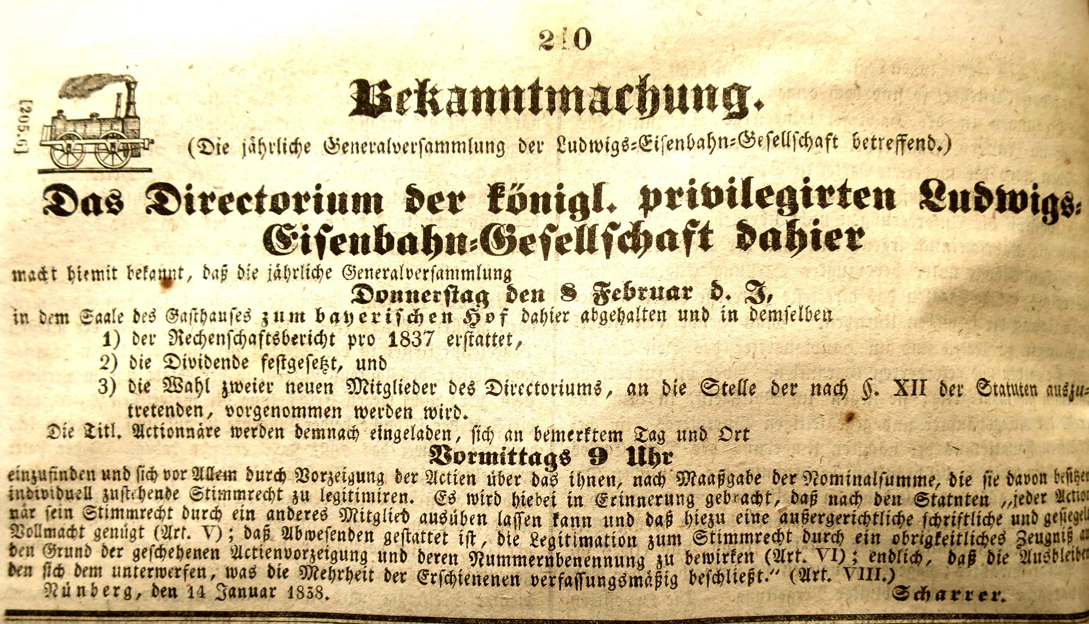 Aufruf zur Aktionärsversammlung der Ludwigs-Eisenbahn-Gesellschaft 1838 per Wikimedia