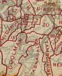 Map of Purga Division and adjacent local government areas, March 1902. Legend: Ipswich Municipality (2), Brassall Division (9), Bundamba Division (10), Normanby Division (13), Yeerongpilly Division (20), Indooroopilly Division & Sherwood Division (See Diagram) Purga Division, March 1902.jpg