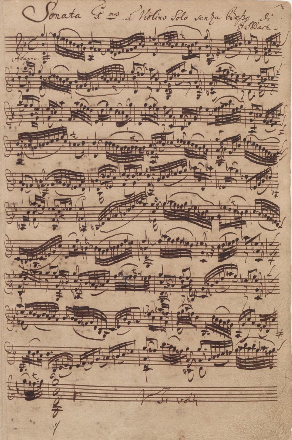 Sonata para violín nº 1 en sol menor (BWV 1001), primera página del autógrafo. Muestra la escritura del compositor —rápida y eficiente—, pero tan adornada visualmente como la música que contiene.