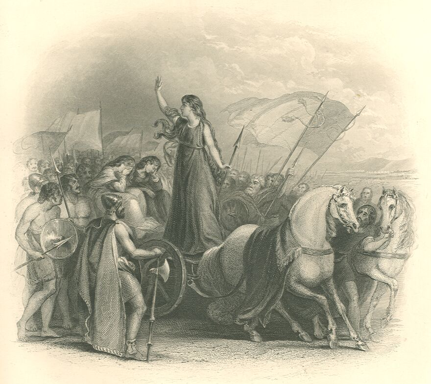 An image of Boudica addressing the Britons.