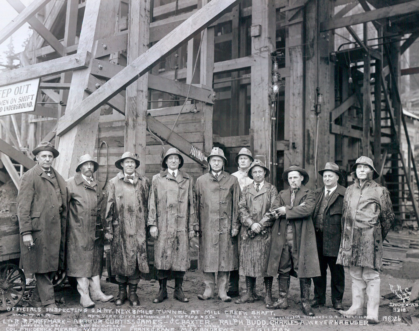 Budd is shown fourth from left in this 1926 photo at the Mill Creek shaft of the Cascade Tunnel