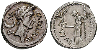 A denarius depicting Julius Caesar, dated to February–March 44 BC—the goddess Venus is shown on the reverse, holding Victoria and a scepter. Caption: CAESAR IMP. M. / L. AEMILIVS BVCA.