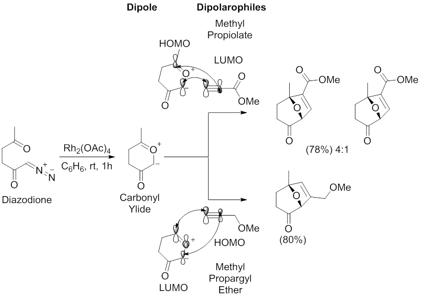 Schema 11. Regioselectiviteit en moleculaire orbitale interacties van de 1,3-dipolaire cycloadditiereactie tussen een diazodion en methylpropiolaat of methylpropargylether.  Gewijzigd van Padwa, A.;  Weingarten, MD Chem Rev 1996, 96, 223.