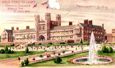 Vykort, från Brookings Hall, landmärket vid campusen vid Washington University in St. Louis, som byggdes mellan 1900 och 1902, var administrationsbyggnad under utställningen.