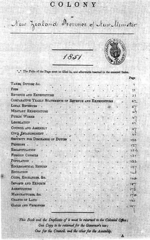In colonial times, there was a "Blue Book" of official statistics, compiled by various magistrates. Here's a photo of the table of contents dated 1851 for the southern island, then called "New Munster". Source = Statistics New Zealand (National Archives).