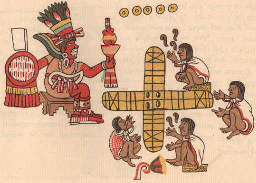 Patolli game being watched by Macuilxochitl as depicted on page 048 of the Codex Magliabechiano