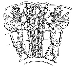 Dessin au trait d'un motif de deux serpents à cornes entrelacés maintenus entre deux animaux fantastiques ailés.