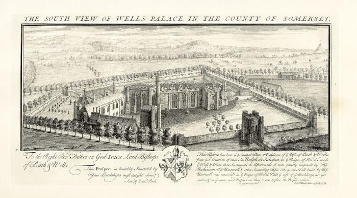 An engraving of the Bishops Palace, Wells made by Samuel and Nathaniel Buck in 1733, showing the wall and moat. The Bishop's Palace is to the left, with the chapel to the right of it and the Great Hall, centre. South view of the Bishops Palace, Wells by Buck dates 1733.jpg