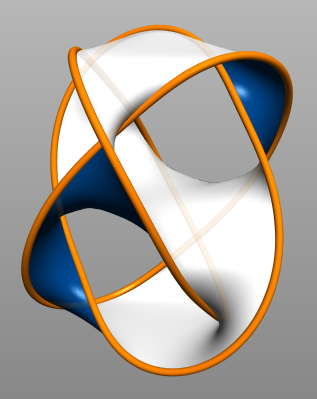 A Seifert surface bounded by a set of Borromean rings; these surfaces can be used as tools in geometric topology