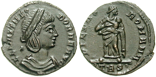 Flavia Maximiana Theodora on the obverse, on the reverse Pietas holding infant to her breast.