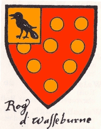 Arms of Sir Roger d'Wasseburne - "Gules bezantee on a canton or a raven sable" - (Joseph Foster) Rog d'Wasseburne Arms.jpg