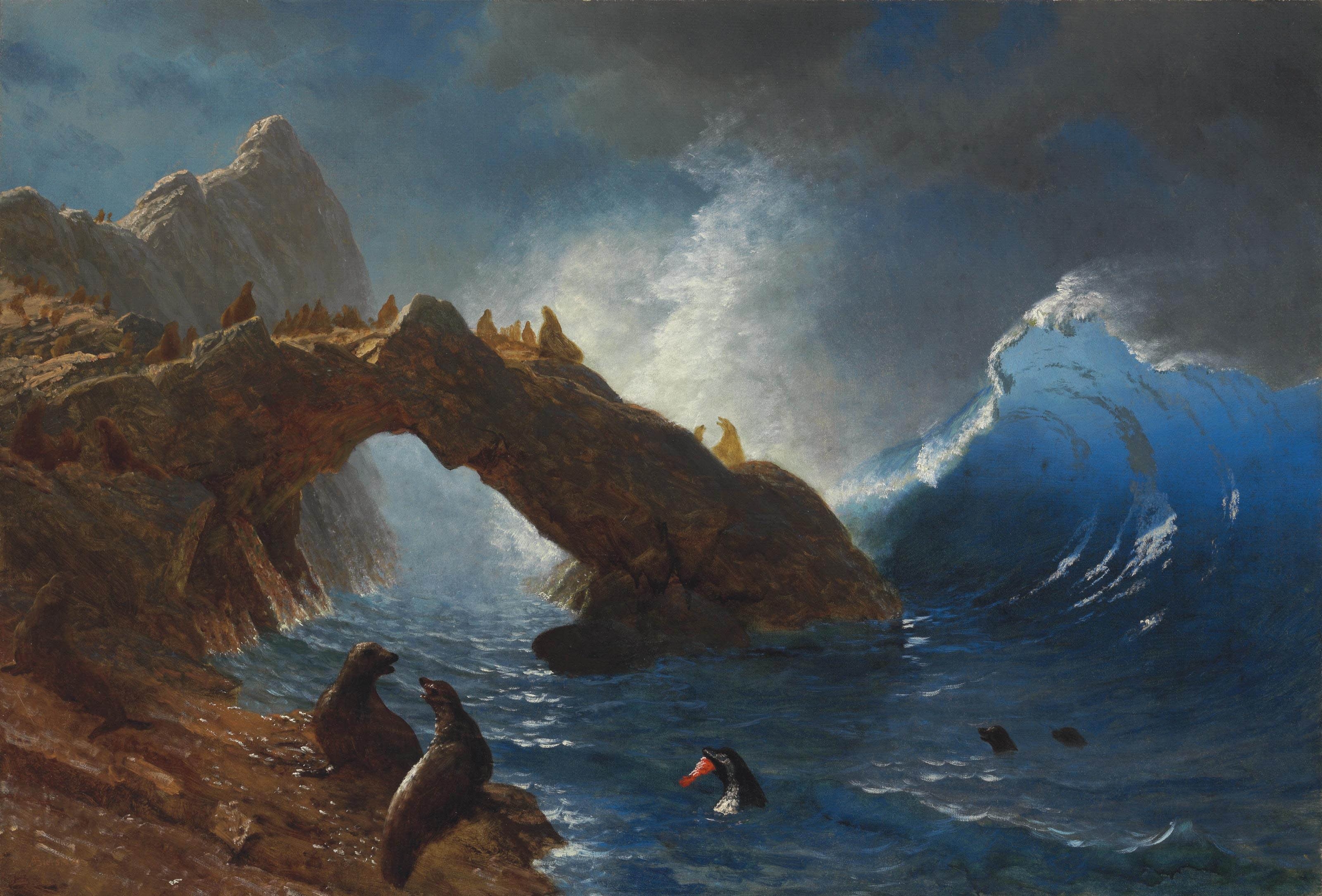 - Classic Painting Photo Poster Print Art Gift Home Wall Decor Animals Waves Crashing Sea Seals on the Rocks Albert Bierstadt 1873
