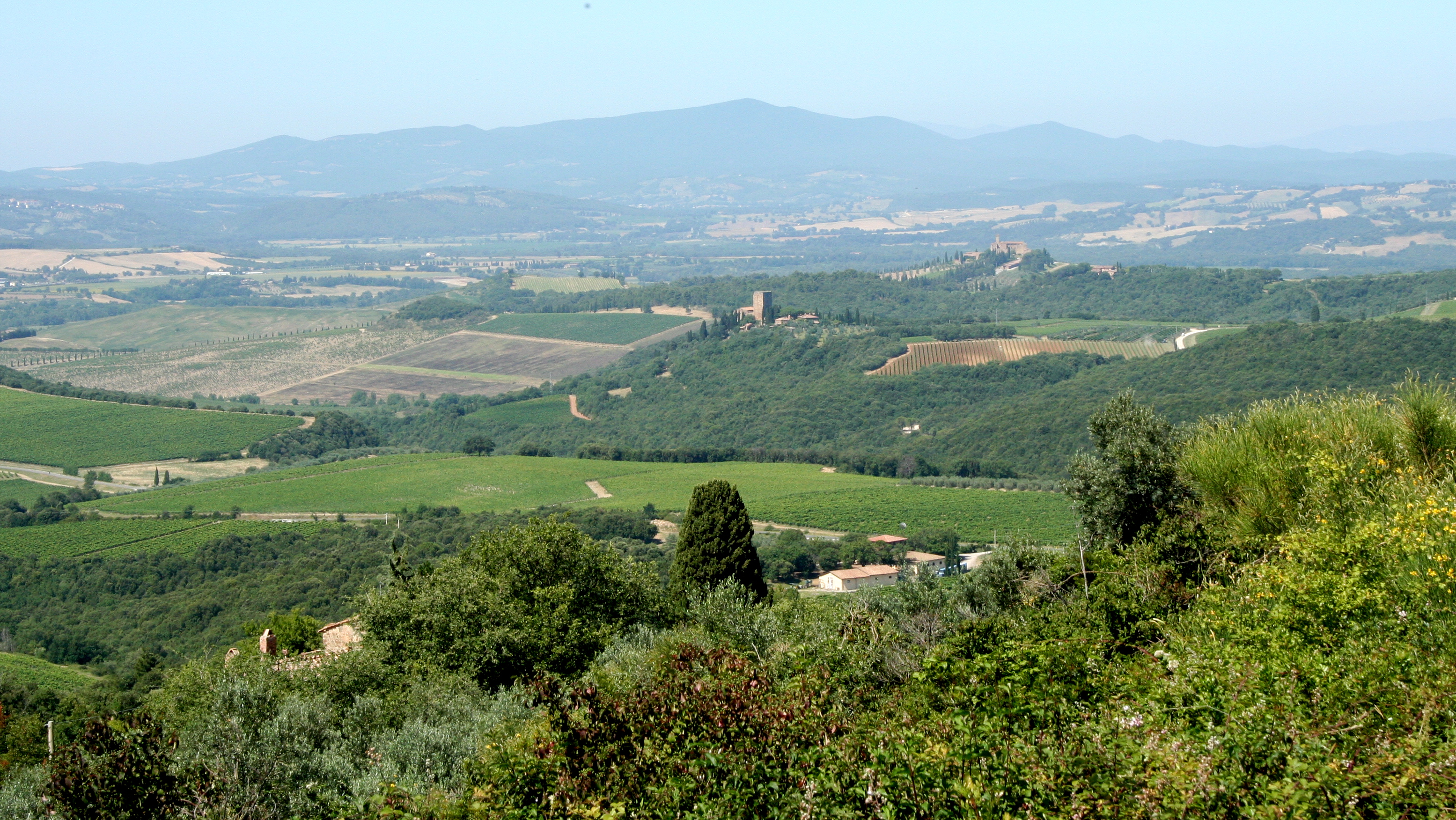 Castello di Argiano (Sesti), e dietro di esso Poggio alla Mura (Castello Banfi), visti da Sant'Angelo in Colle, Montalcino