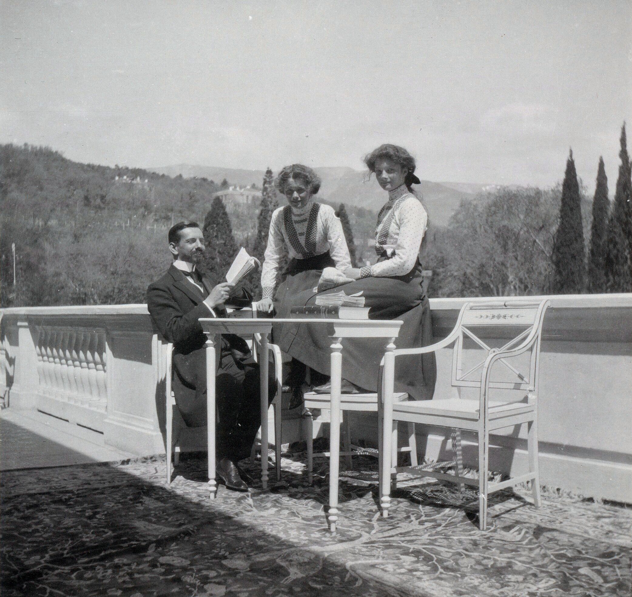 Pierre Gilliard with his pupils, [[Grand Duchess Olga Nikolaevna of Russia]] and [[Grand Duchess Tatiana Nikolaevna of Russia]] at Livadia in 1911. Courtesy: Beinecke Library.