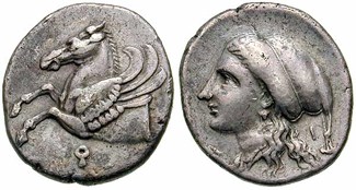 Corinthian hemiobol. Obverse: Pegasus with koppa beneath, for Corinth. Reverse: Aphrodite wearing a sakkos headband.