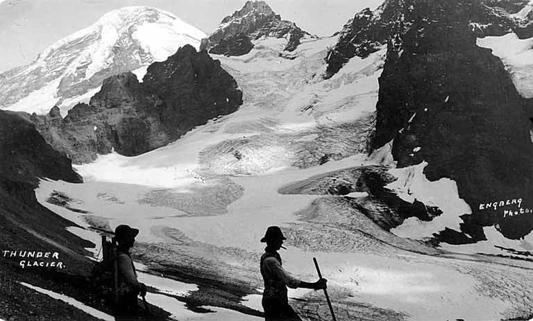 File:Two hikers near base of Thunder Glacier, west slope of Mount Baker, ca 1909 (WASTATE 2033).jpeg