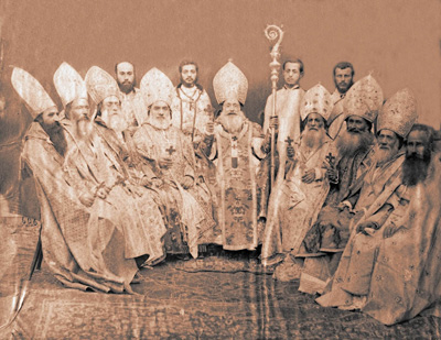 Bishops of the Armenian Catholic Church. The wide oriental stole is clearly visible on the Patriarch (center, with crozier and pallium).